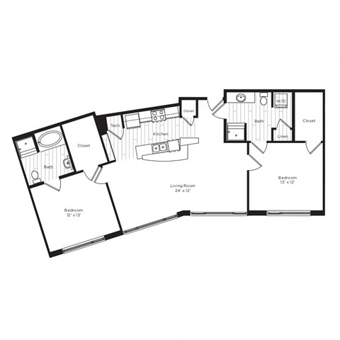 Floor plan for 2 beds, 2 baths, 1215 sqft